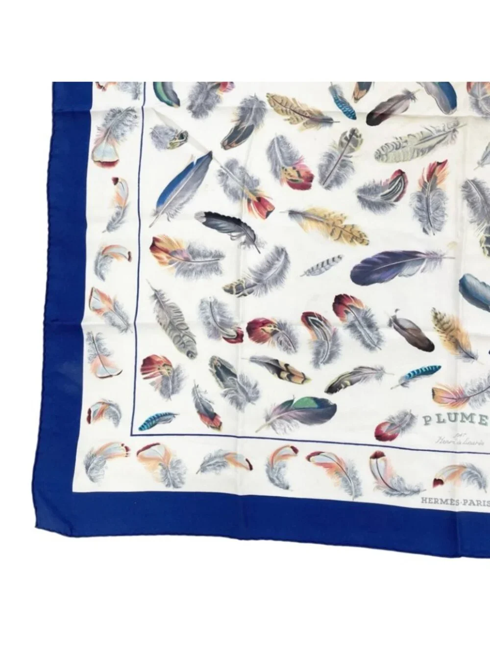 Hermes Carre 90 Plumes Scarf Silk Blue Feather Pattern